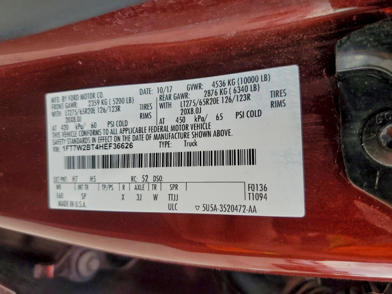 2017 Ford F250 Super Duty VIN: 1FT7W2BT4HEF36626 Lot: 94324655