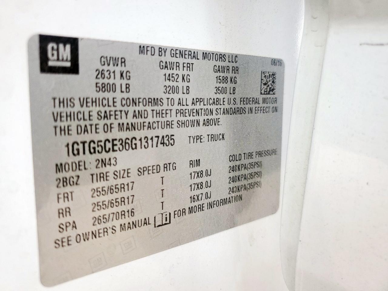 2016 GMC Canyon Sle VIN: 1GTG5CE36G1317435 Lot: 93465995