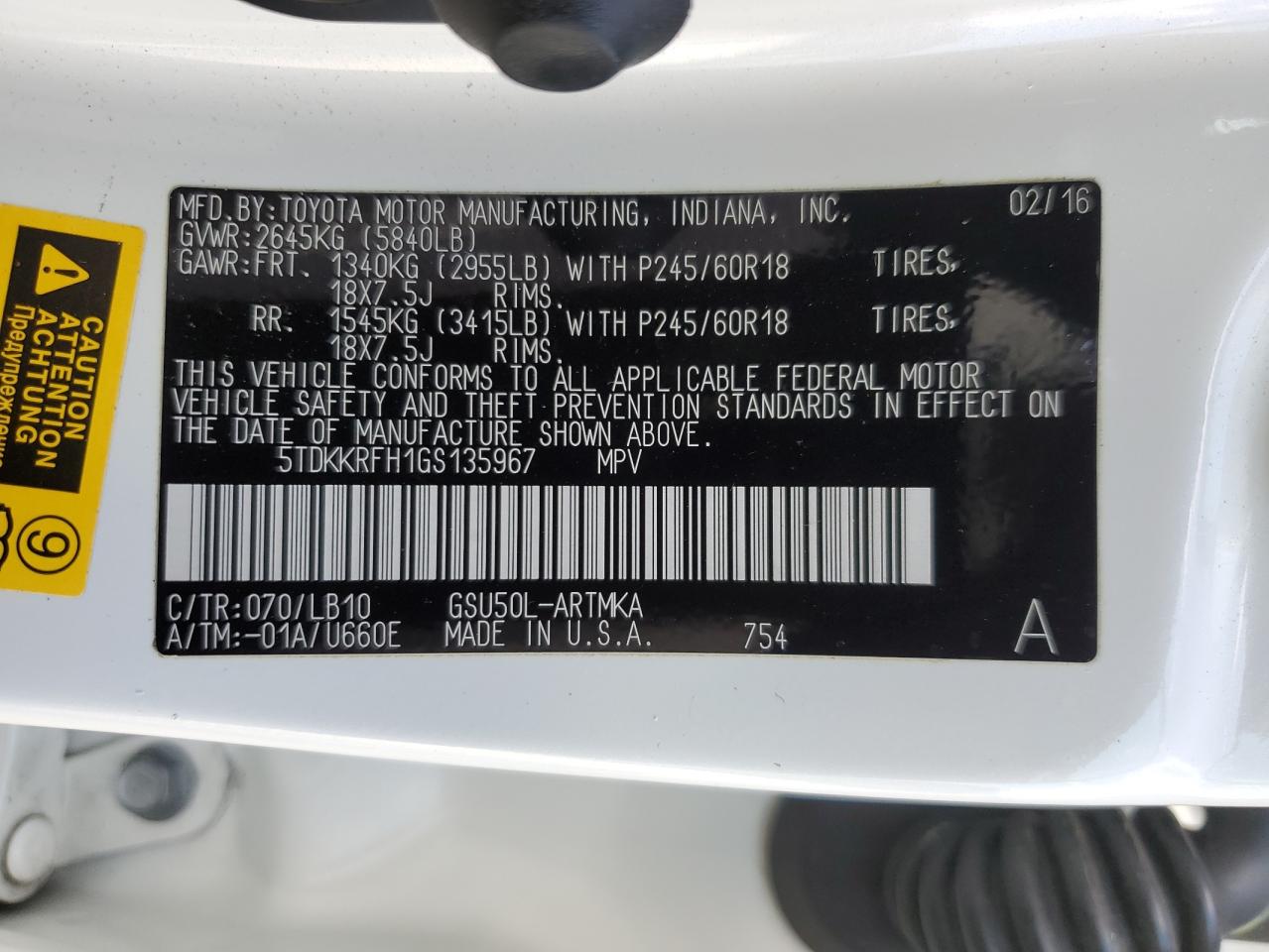 2016 Toyota Highlander Xle VIN: 5TDKKRFH1GS135967 Lot: 89689565