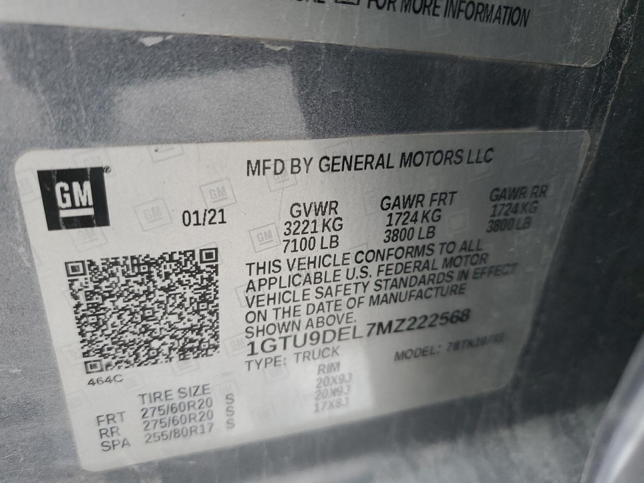 2021 GMC Sierra K1500 Slt VIN: 1GTU9DEL7MZ222568 Lot: 91632095