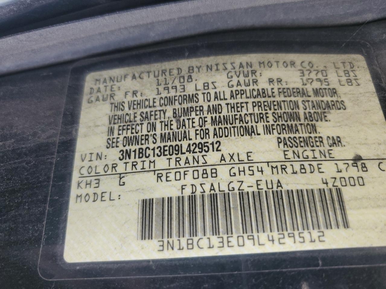 2009 Nissan Versa S VIN: 3N1BC13E09L429512 Lot: 92886995