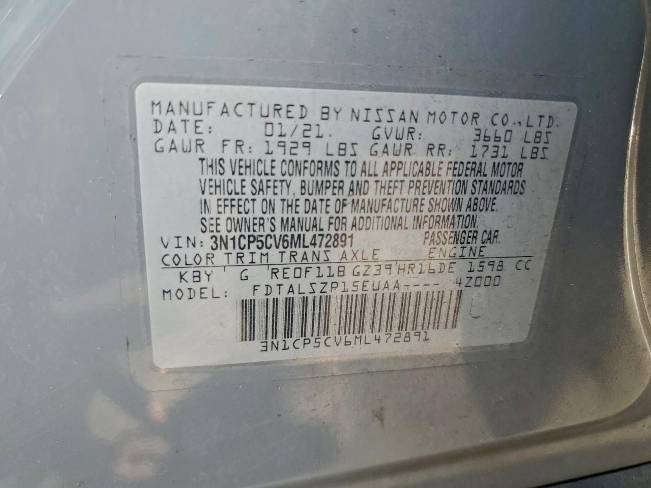 2021 Nissan Kicks Sv VIN: 3N1CP5CV6ML472891 Lot: 94166785