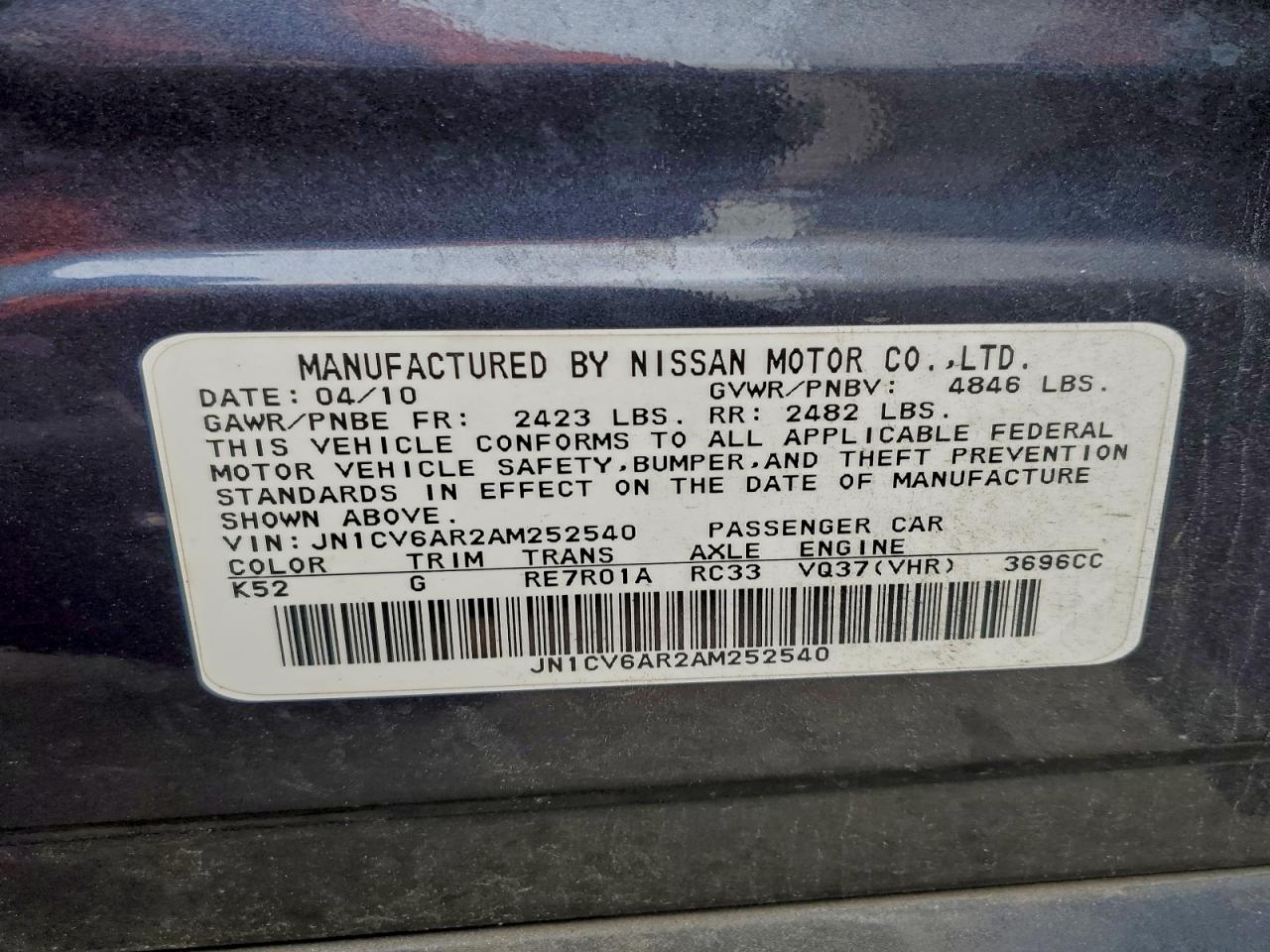 2010 Infiniti G37 VIN: JN1CV6AR2AM252540 Lot: 93183705