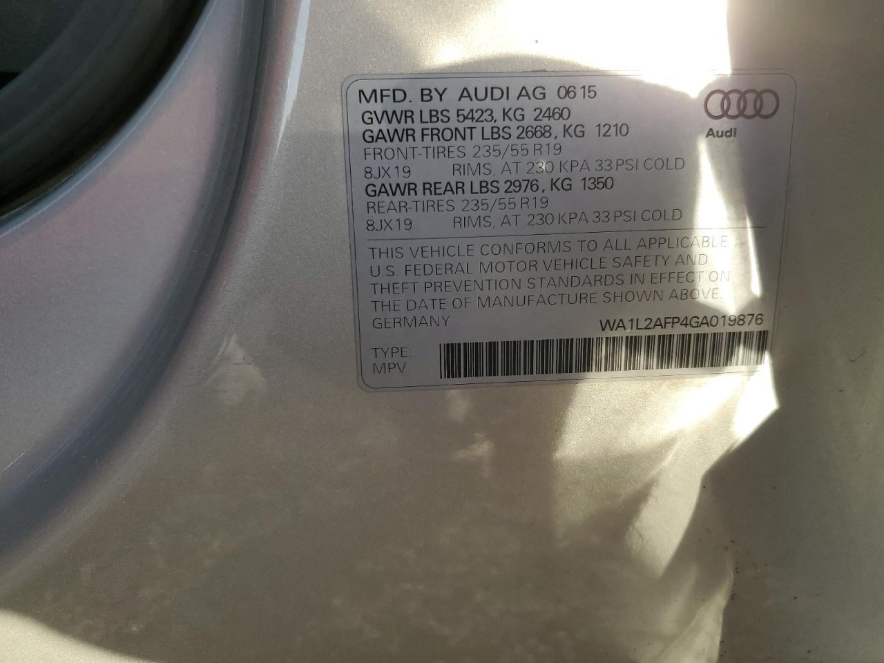 2016 Audi Q5 Premium Plus VIN: WA1L2AFP4GA019876 Lot: 92634265