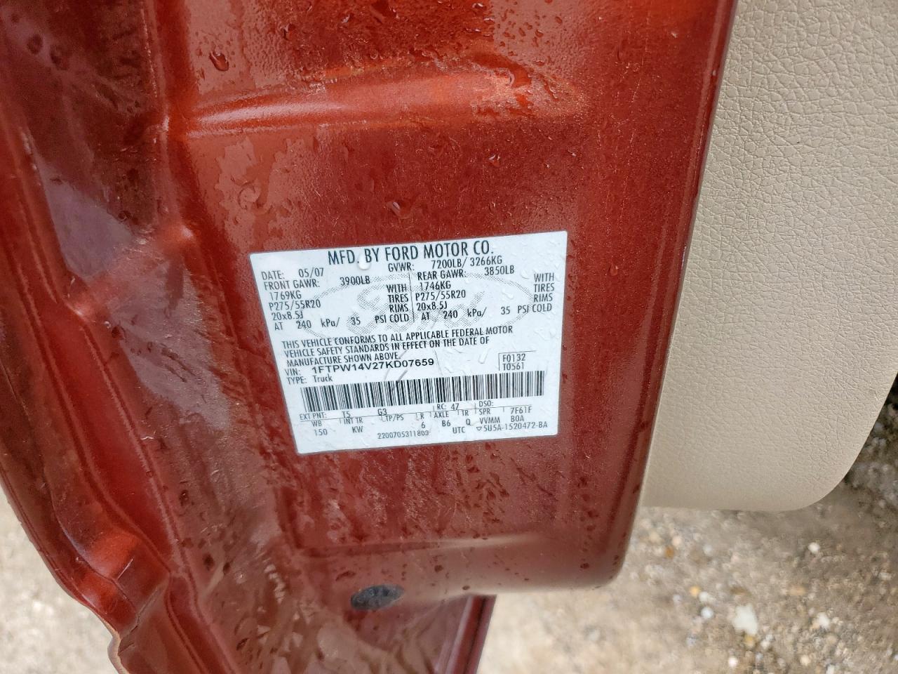2007 Ford F150 Supercrew VIN: 1FTPW14V27KD07659 Lot: 93332655