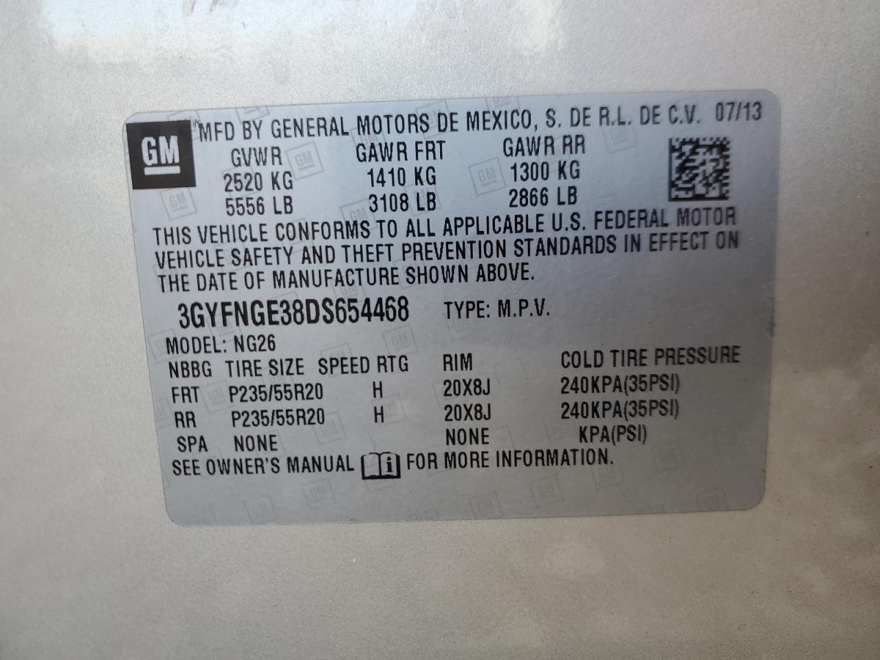 2013 Cadillac Srx Luxury Collection VIN: 3GYFNGE38DS654468 Lot: 93063615