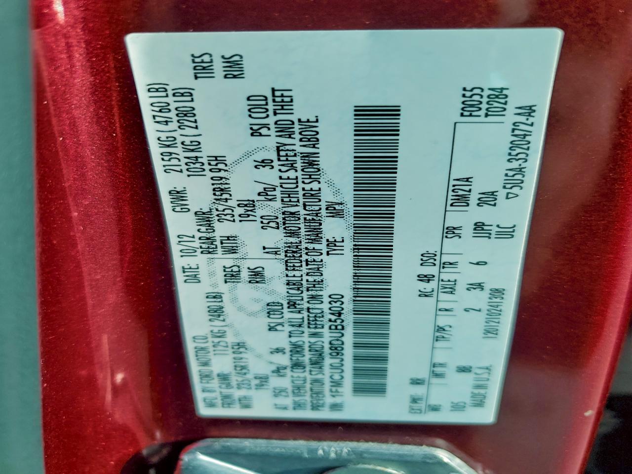 2013 Ford Escape Titanium VIN: 1FMCU0J98DUB54030 Lot: 94542215