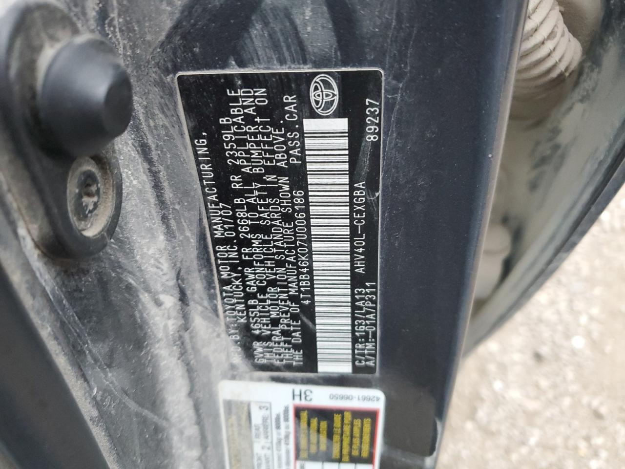 2007 Toyota Camry Hybrid VIN: 4T1BB46K07U006186 Lot: 93254665