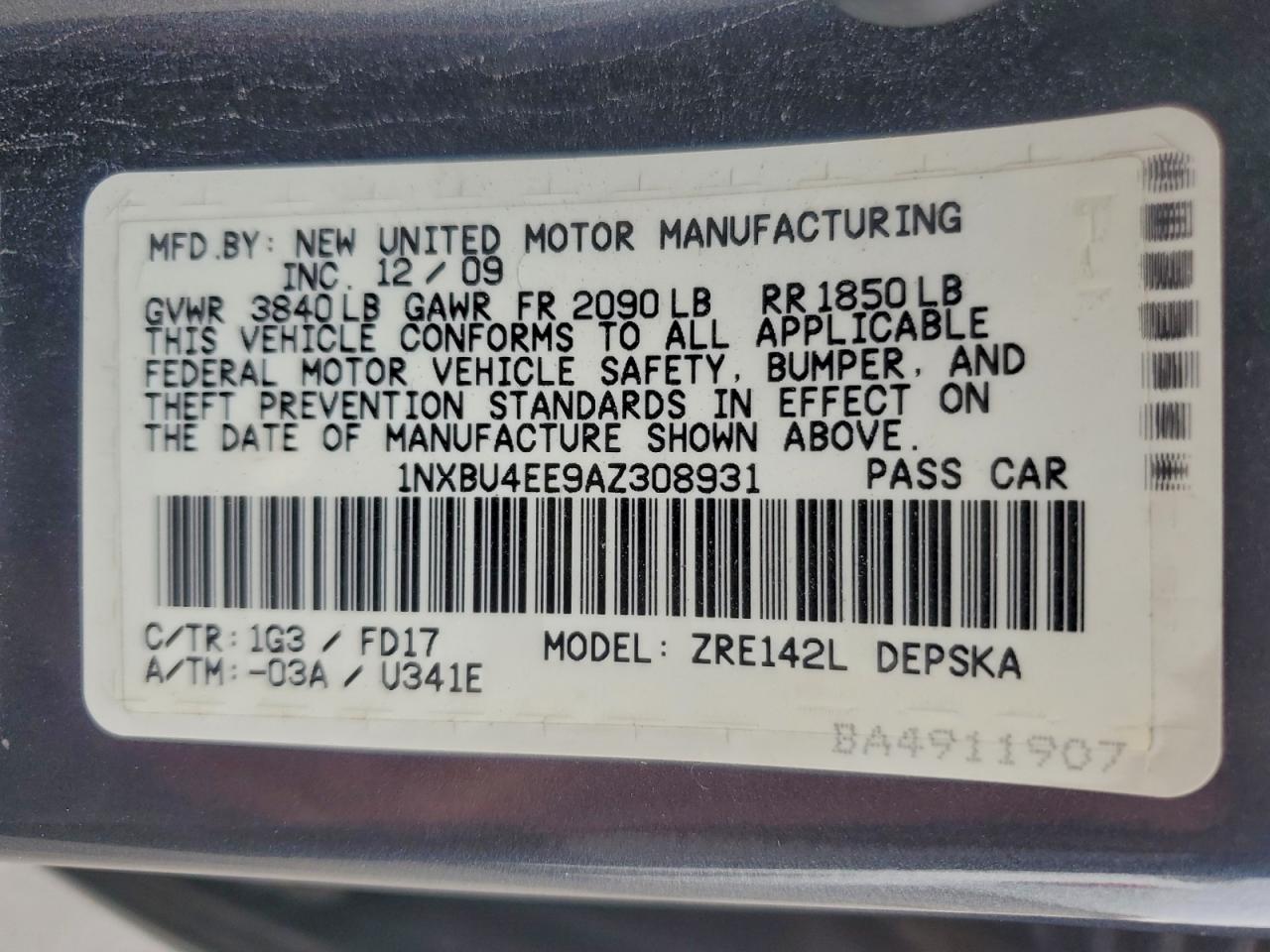 2010 Toyota Corolla Base VIN: 1NXBU4EE9AZ308931 Lot: 94616385