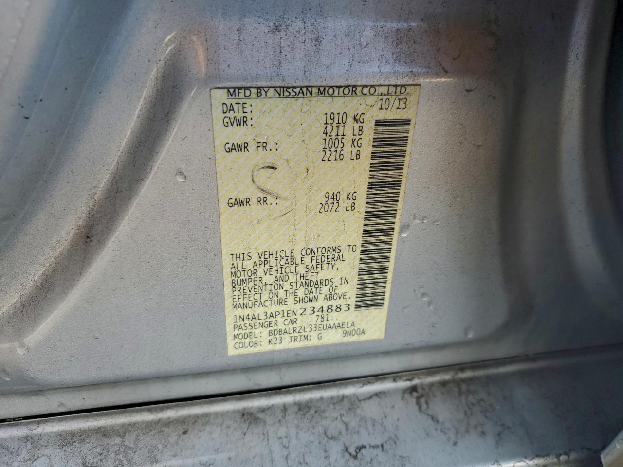 2014 Nissan Altima 2.5 VIN: 1N4AL3AP1EN234883 Lot: 94464215