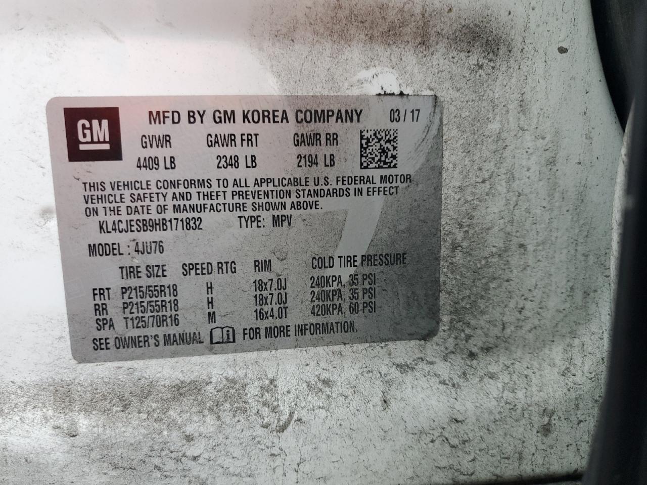 2017 Buick Encore Preferred VIN: KL4CJESB9HB171832 Lot: 92201615