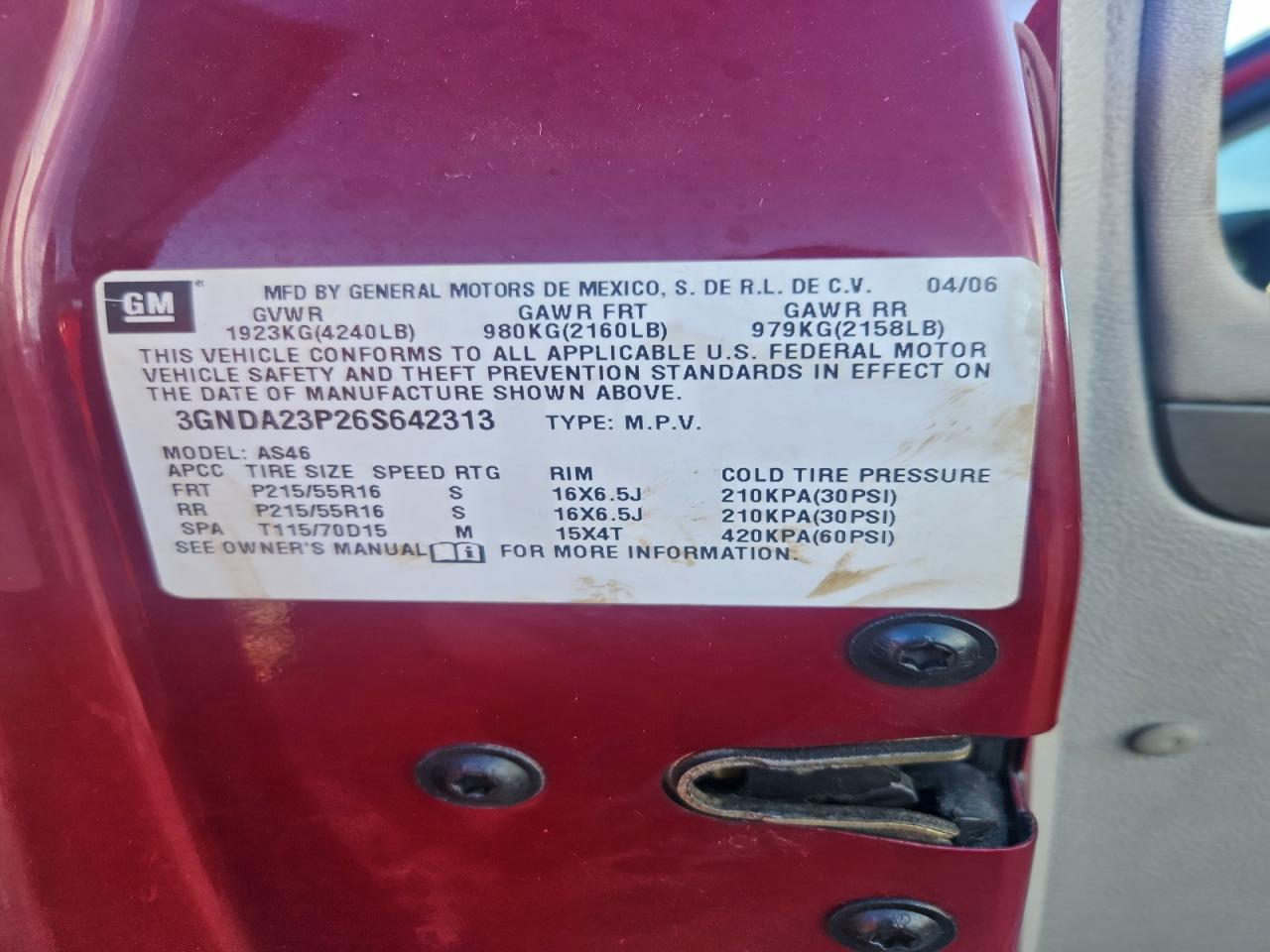 2006 Chevrolet Hhr Lt VIN: 3GNDA23P26S642313 Lot: 92238955