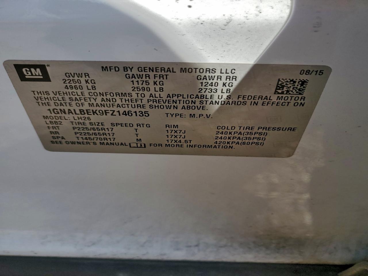 2015 Chevrolet Equinox Lt VIN: 1GNALBEK9FZ146135 Lot: 94177975