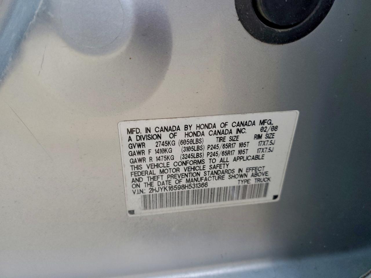 2008 Honda Ridgeline Rtl VIN: 2HJYK16598H531366 Lot: 91595095