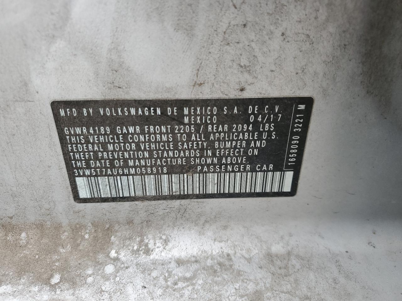 2017 Volkswagen Gti S VIN: 3VW5T7AU6HM058918 Lot: 92686435