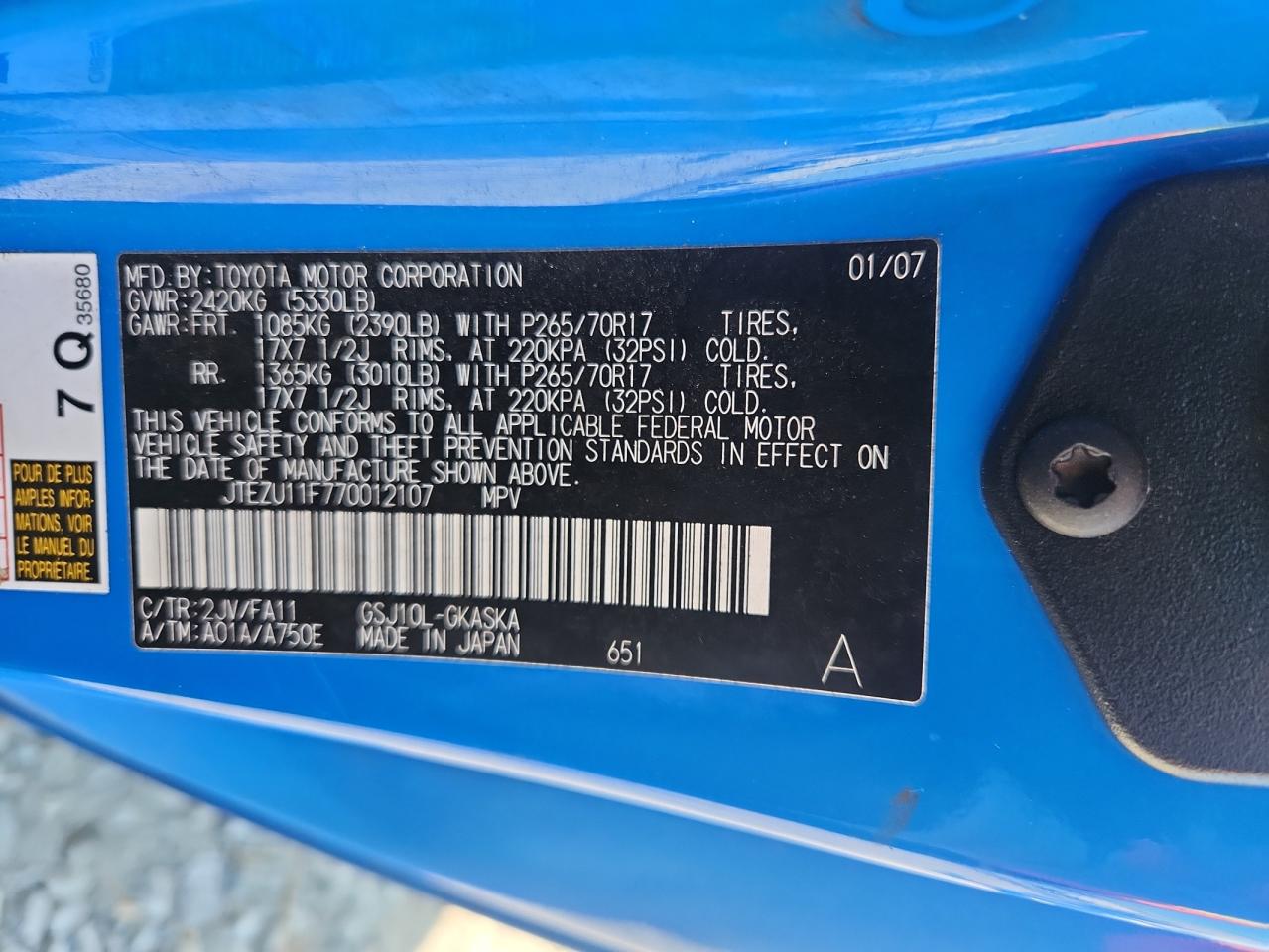 2007 Toyota Fj Cruiser VIN: JTEZU11F770012107 Lot: 91378715