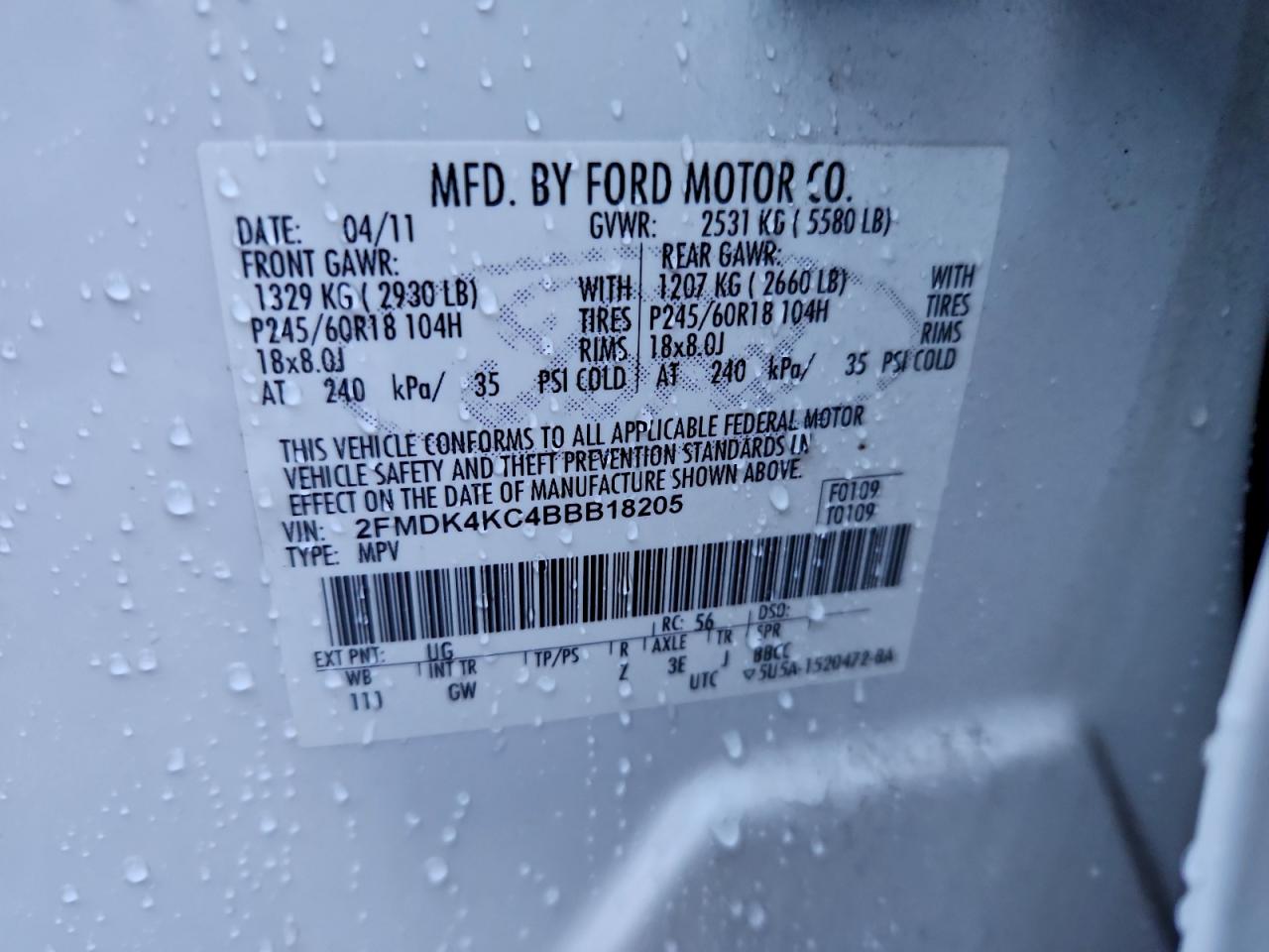 2011 Ford Edge Limited VIN: 2FMDK4KC4BBB18205 Lot: 94743915