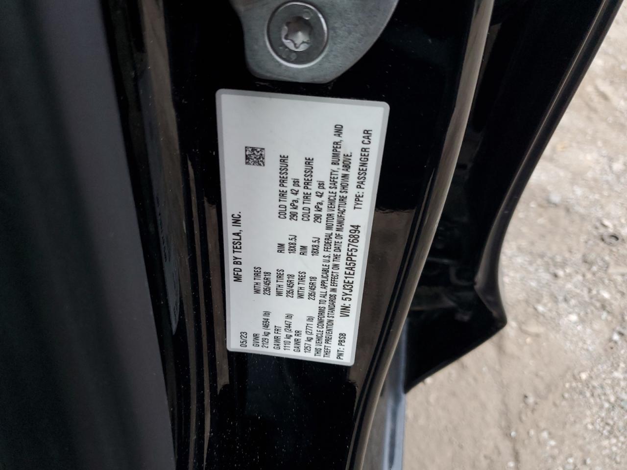 2023 Tesla Model 3 VIN: 5YJ3E1EA5PF576894 Lot: 92271435