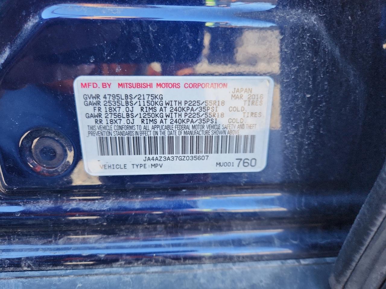 2016 Mitsubishi Outlander Se VIN: JA4AZ3A37GZ035607 Lot: 90928365