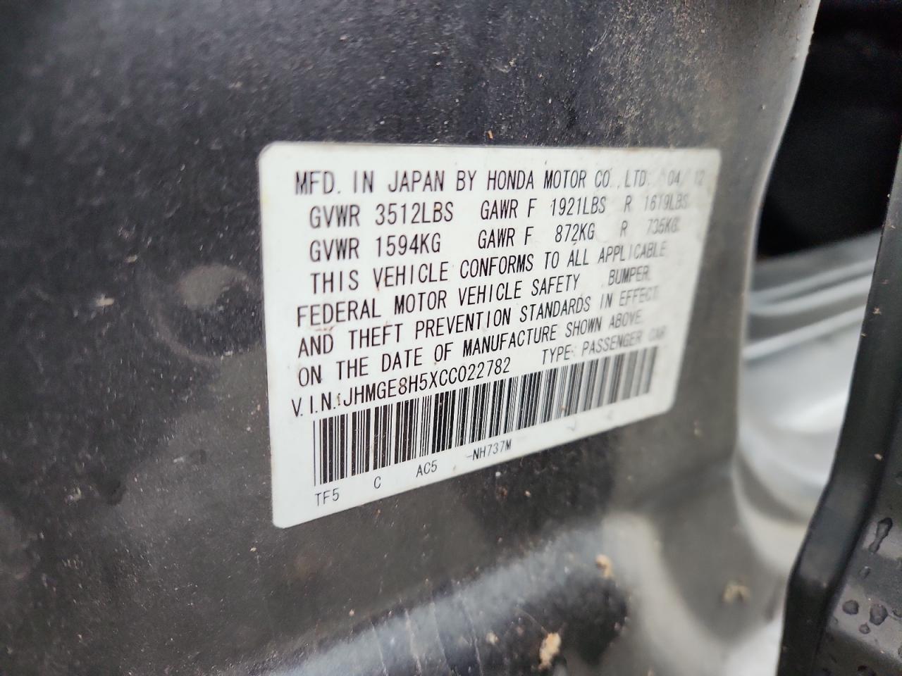 2012 Honda Fit Sport VIN: JHMGE8H5XCC022782 Lot: 93176995