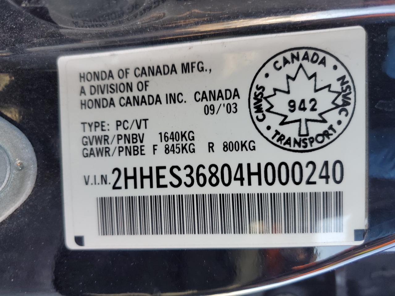 2004 Acura 1.7El Premium VIN: 2HHES36804H000240 Lot: 87262985