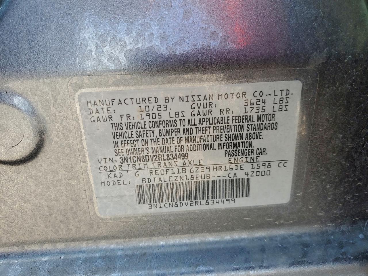 2024 Nissan Versa S VIN: 3N1CN8DV2RL834499 Lot: 94685635