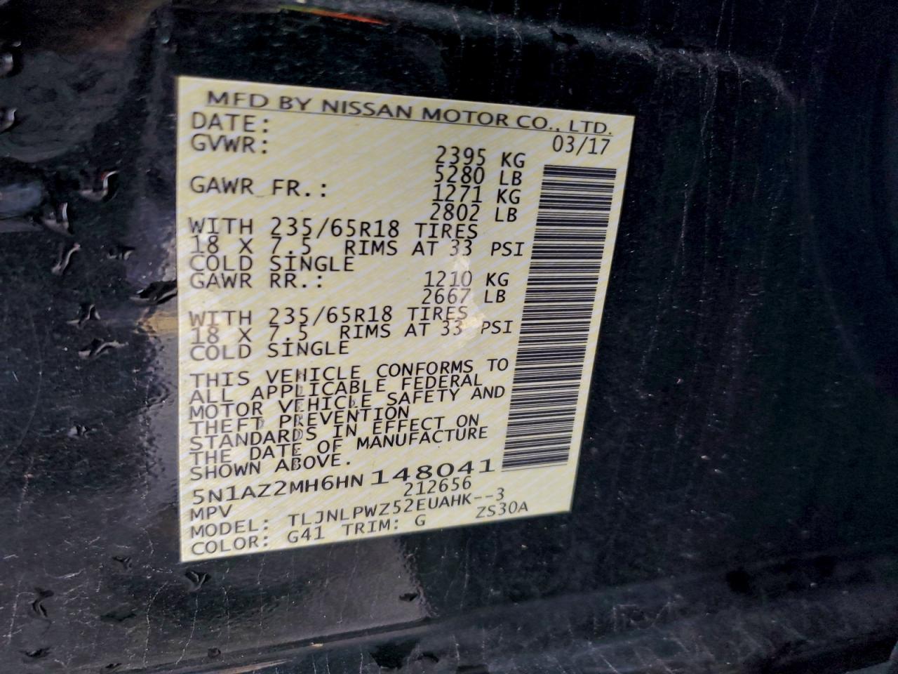 2017 Nissan Murano S VIN: 5N1AZ2MH6HN148041 Lot: 94087815