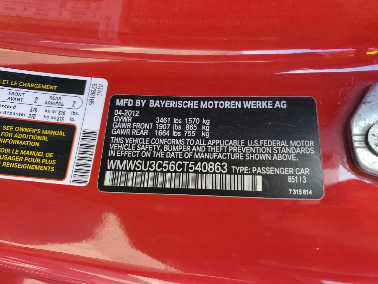 2012 Mini Cooper VIN: WMWSU3C56CT540863 Lot: 93557405