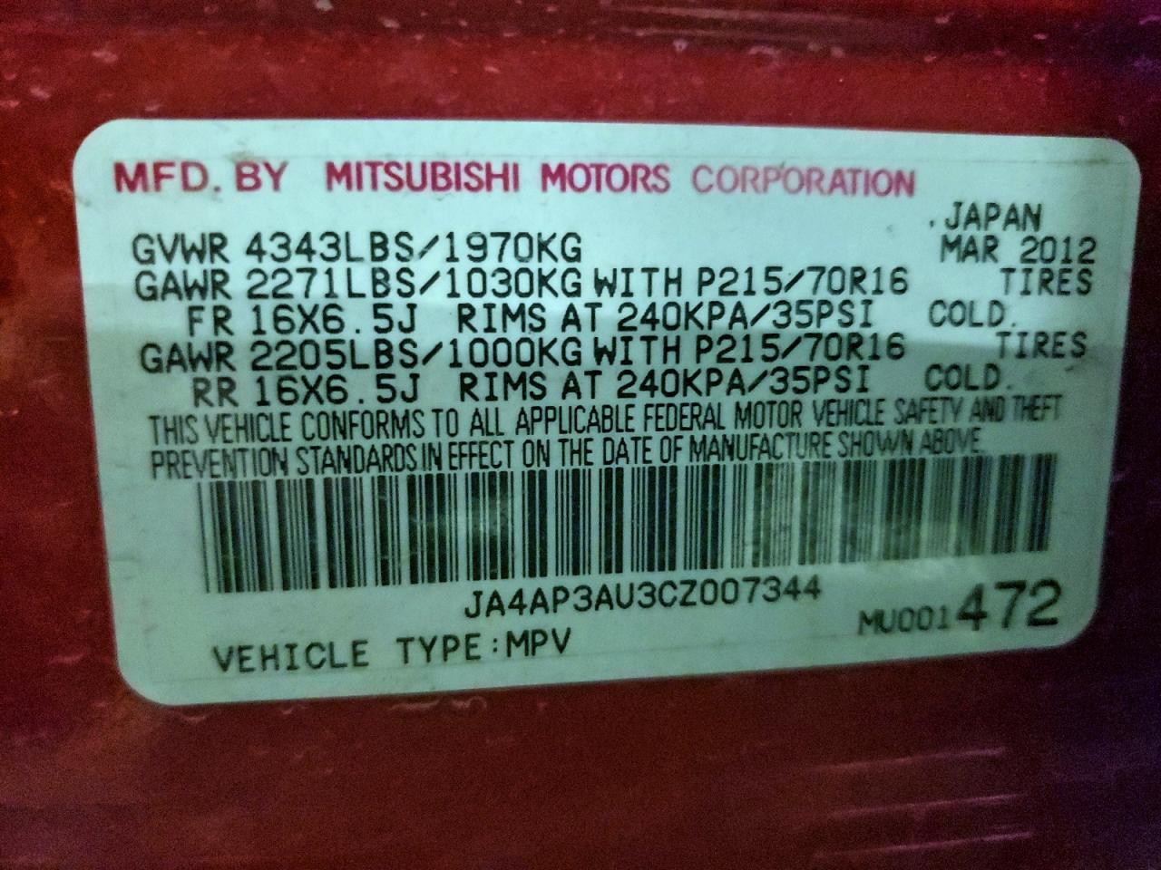 2012 Mitsubishi Outlander Sport Es VIN: JA4AP3AU3CZ007344 Lot: 93502775