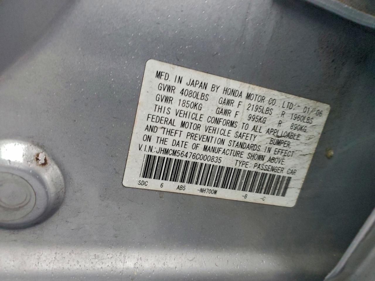 2006 Honda Accord Lx VIN: JHMCM56476C000835 Lot: 94099935