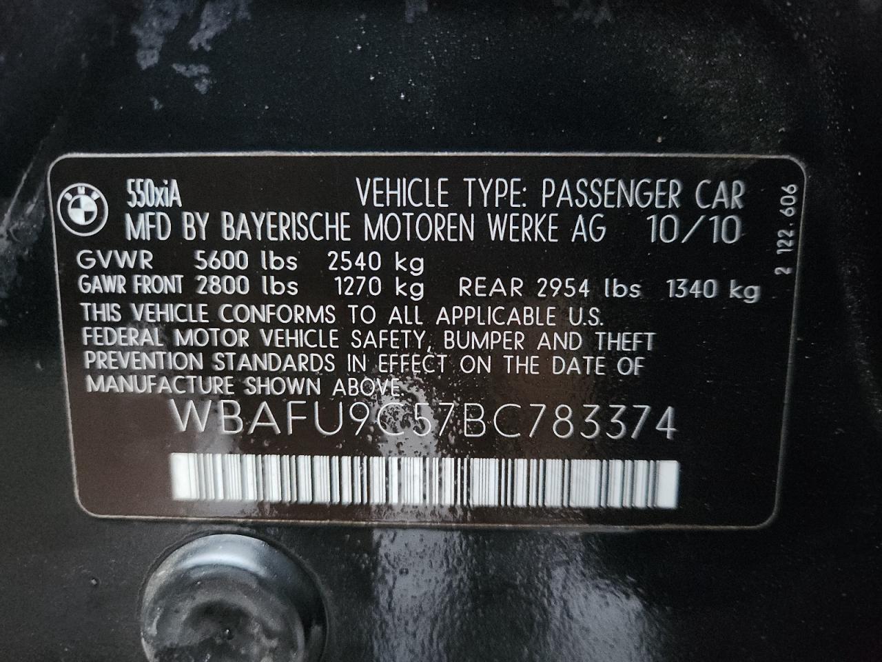 2011 BMW 550 Xi VIN: WBAFU9C57BC783374 Lot: 93068615