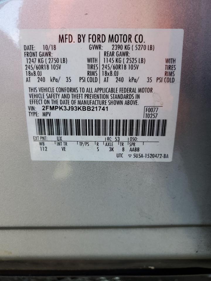 2019 Ford Edge Sel VIN: 2FMPK3J93KBB21741 Lot: 93589155