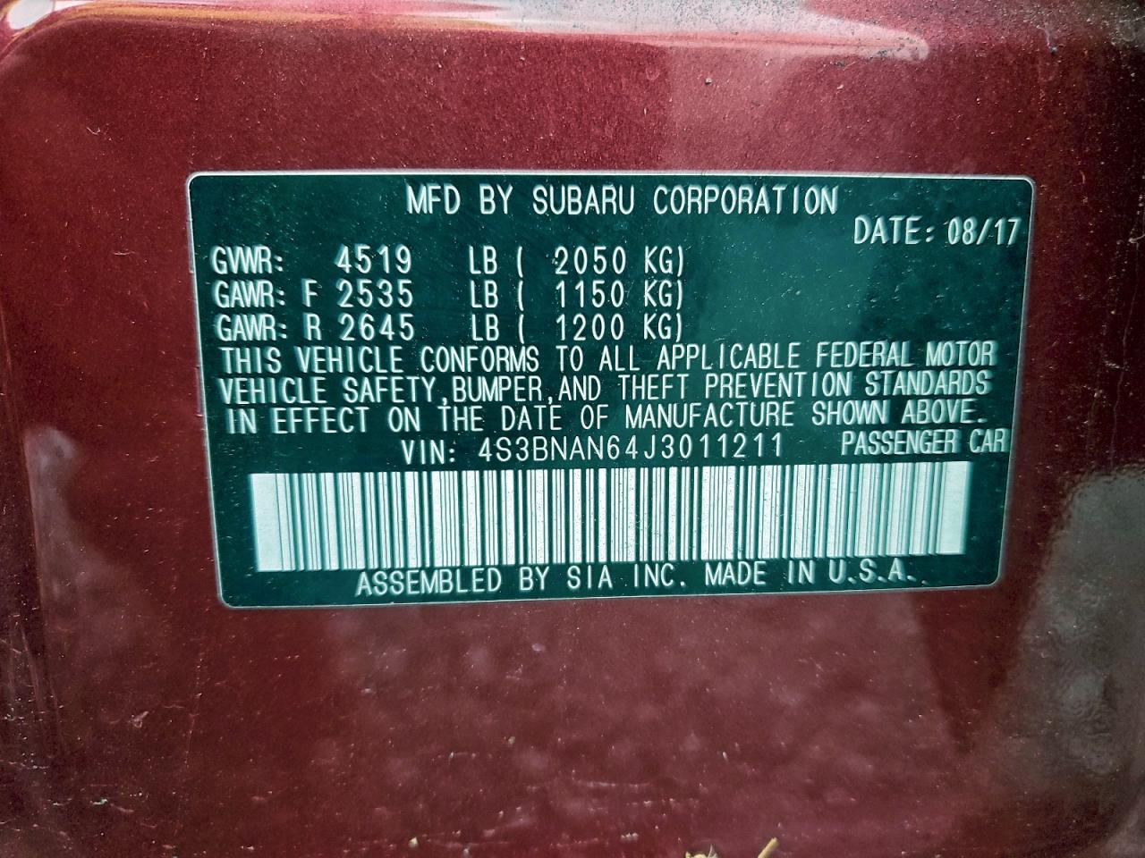 2018 Subaru Legacy 2.5I Limited VIN: 4S3BNAN64J3011211 Lot: 94175665