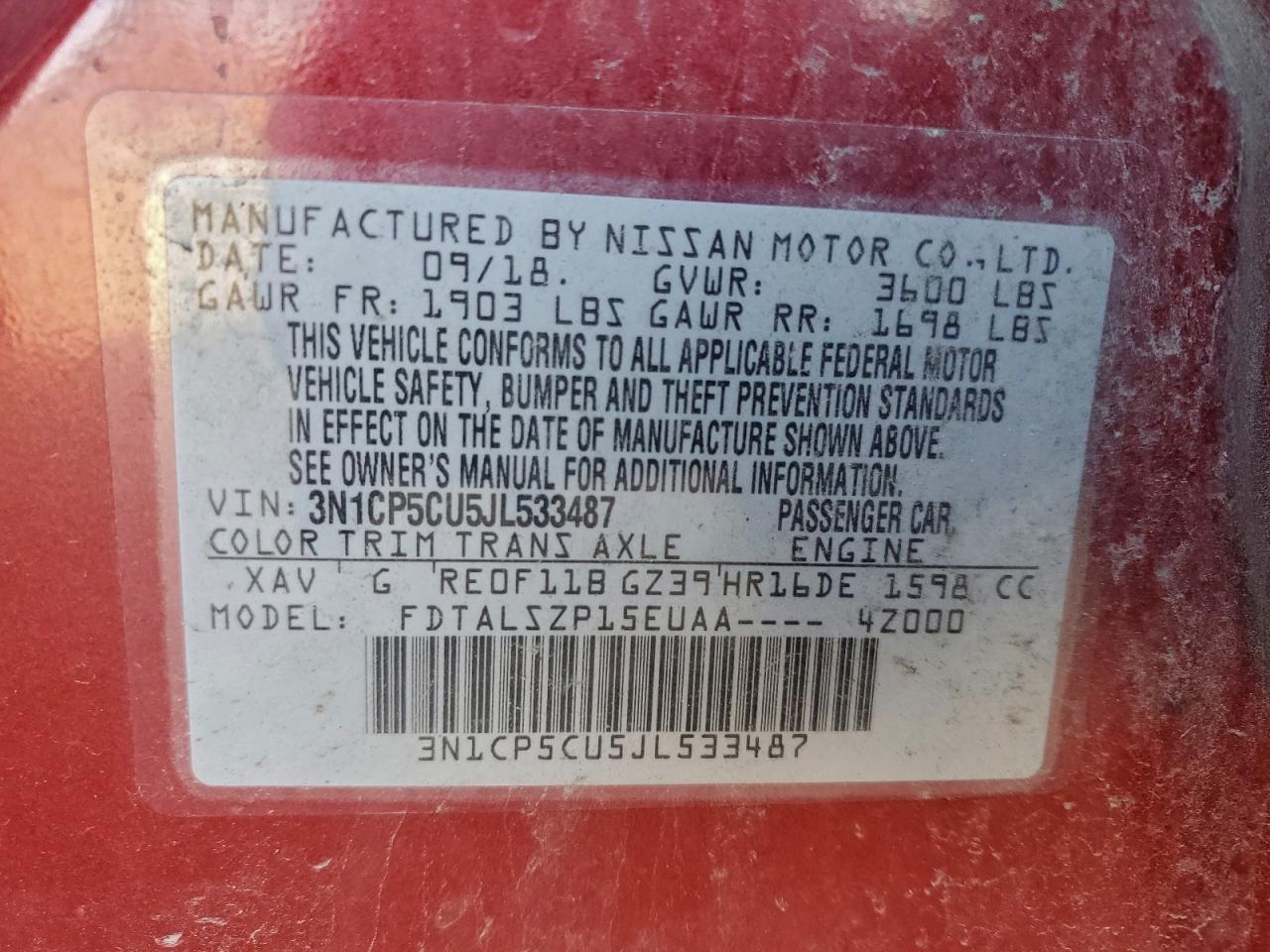 2018 Nissan Kicks S VIN: 3N1CP5CU5JL533487 Lot: 93820015