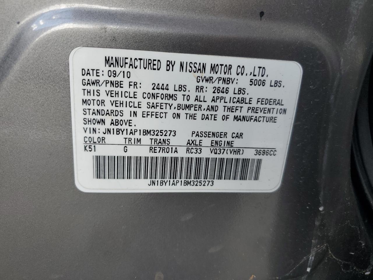 2011 Infiniti M37 VIN: JN1BY1AP1BM325273 Lot: 93858295