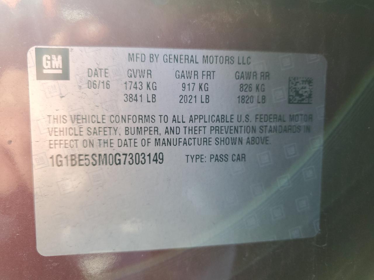 2016 Chevrolet Cruze Lt VIN: 1G1BE5SM0G7303149 Lot: 96558535