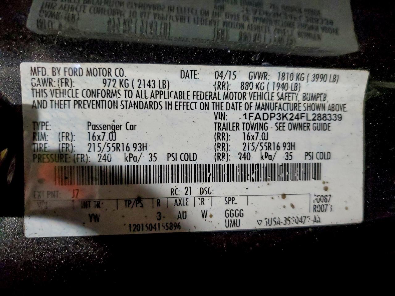 2015 Ford Focus Se VIN: 1FADP3K24FL288339 Lot: 94345365