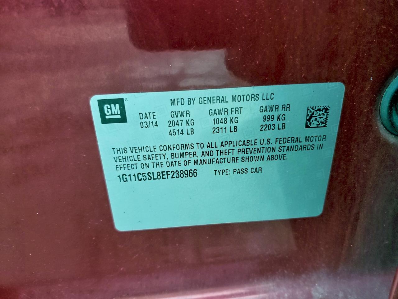 2014 Chevrolet Malibu 1Lt VIN: 1G11C5SL8EF238966 Lot: 94433045