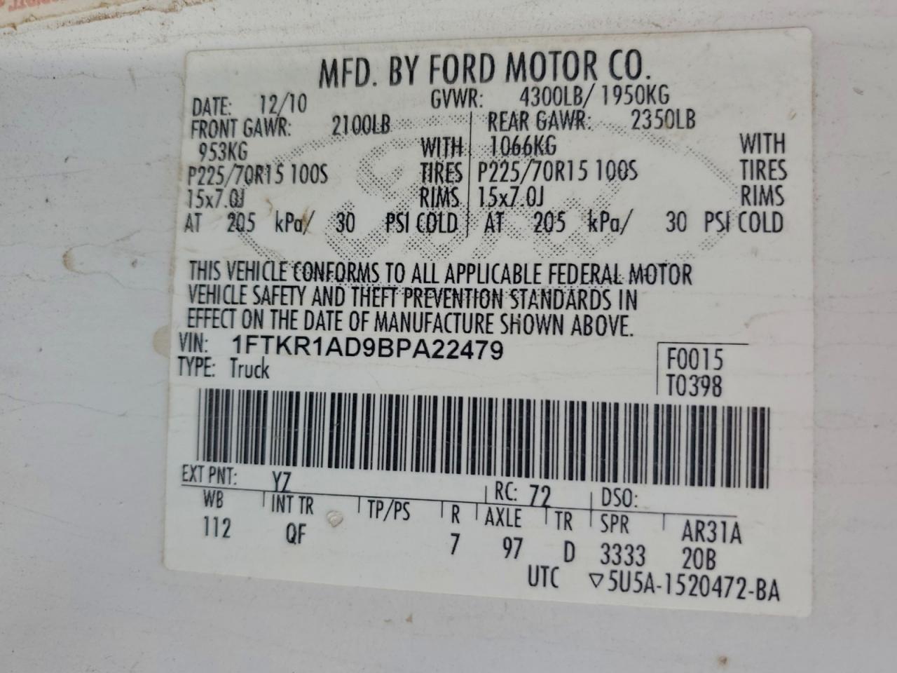 2011 Ford Ranger VIN: 1FTKR1AD9BPA22479 Lot: 94154965