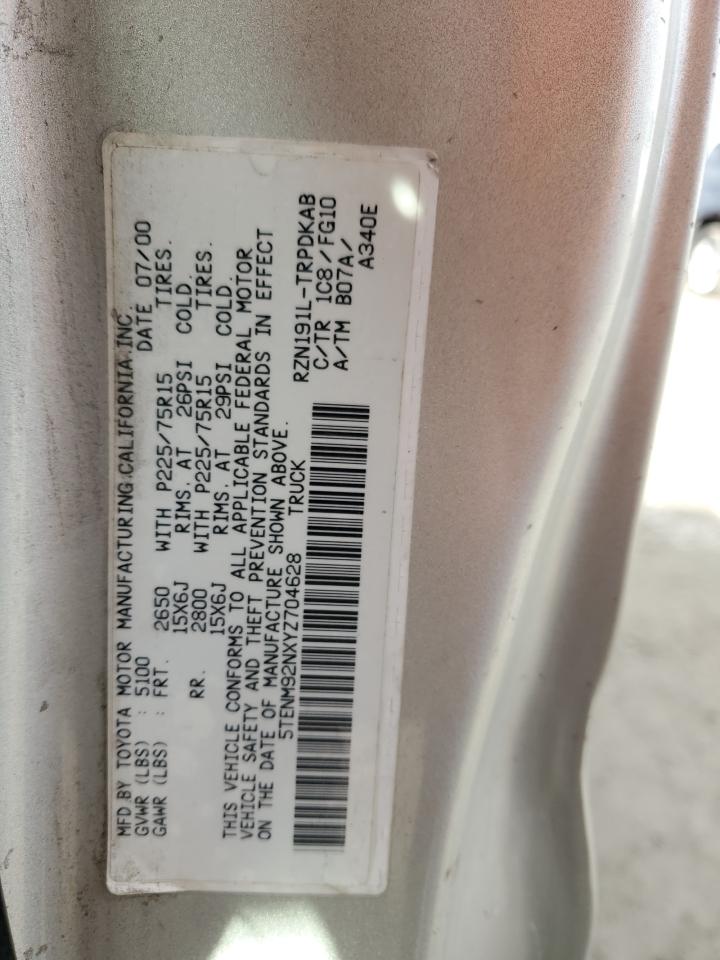 2000 Toyota Tacoma Prerunner VIN: 5TENM92NXYZ704628 Lot: 92750285