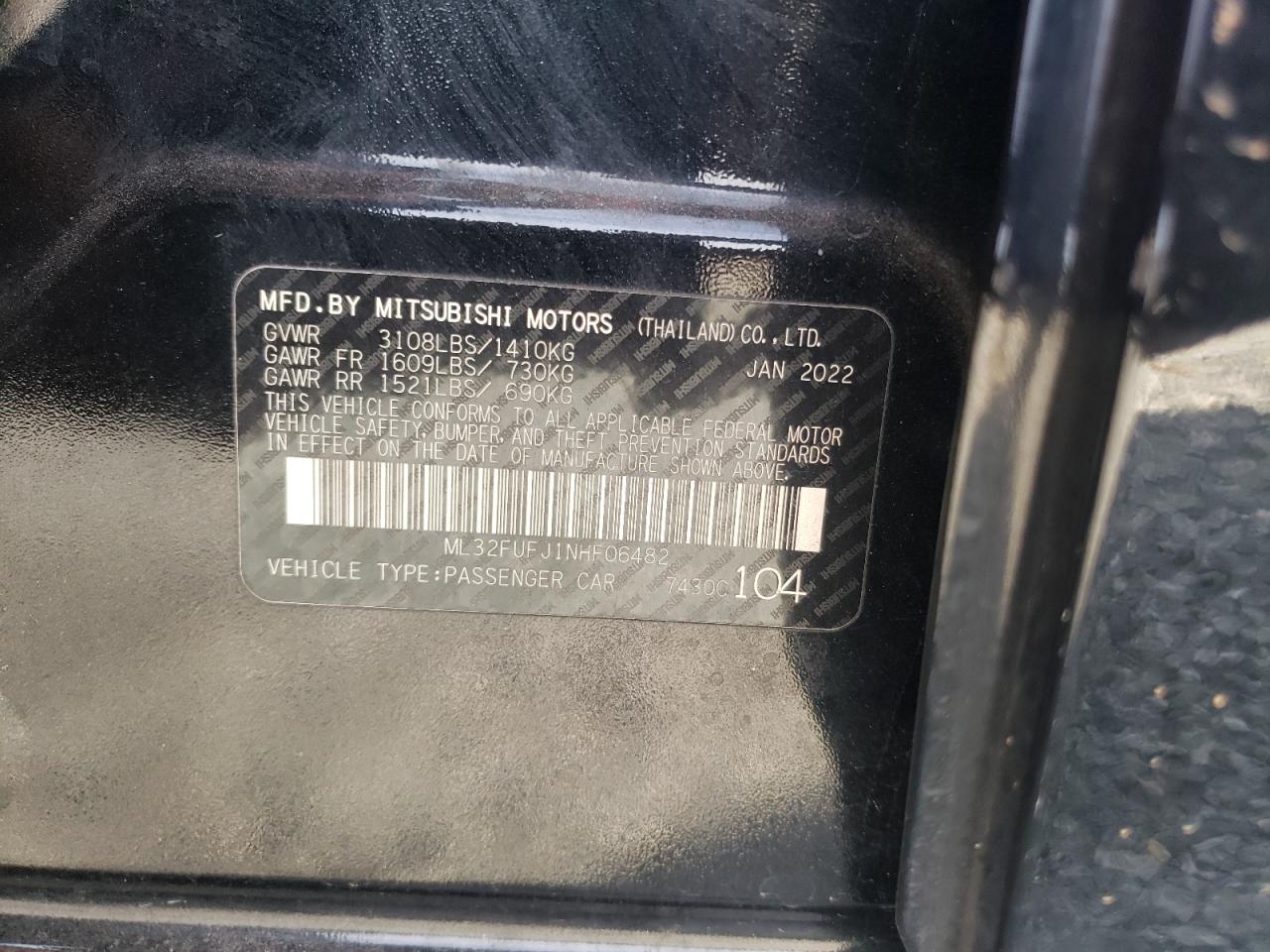 2022 Mitsubishi Mirage G4 Es VIN: ML32FUFJ1NHF06482 Lot: 92834605