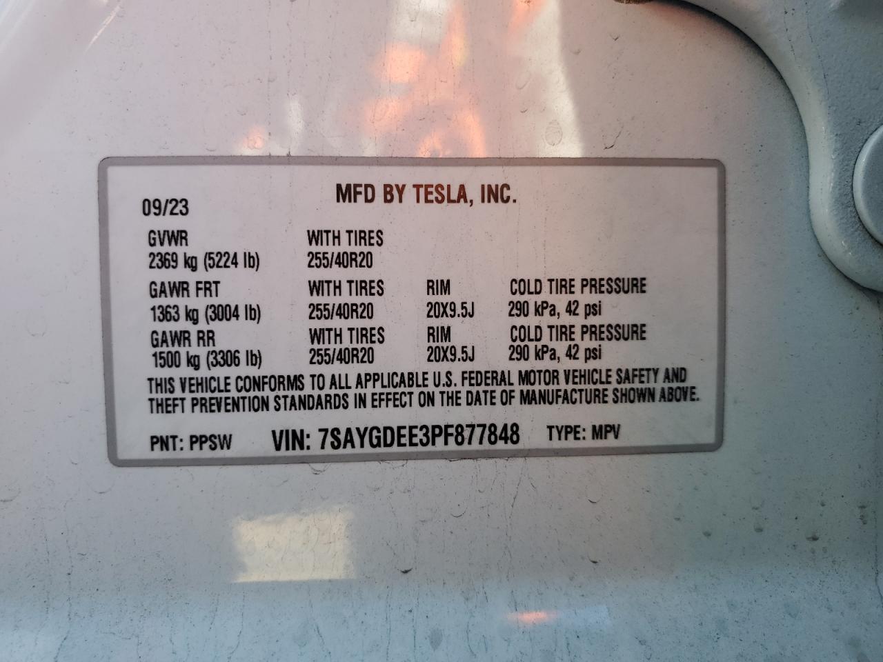 2023 Tesla Model Y VIN: 7SAYGDEE3PF877848 Lot: 91179255