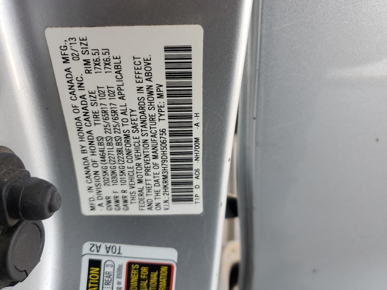 2013 Honda Cr-V Exl VIN: 2HKRM3H79DH506756 Lot: 92176855