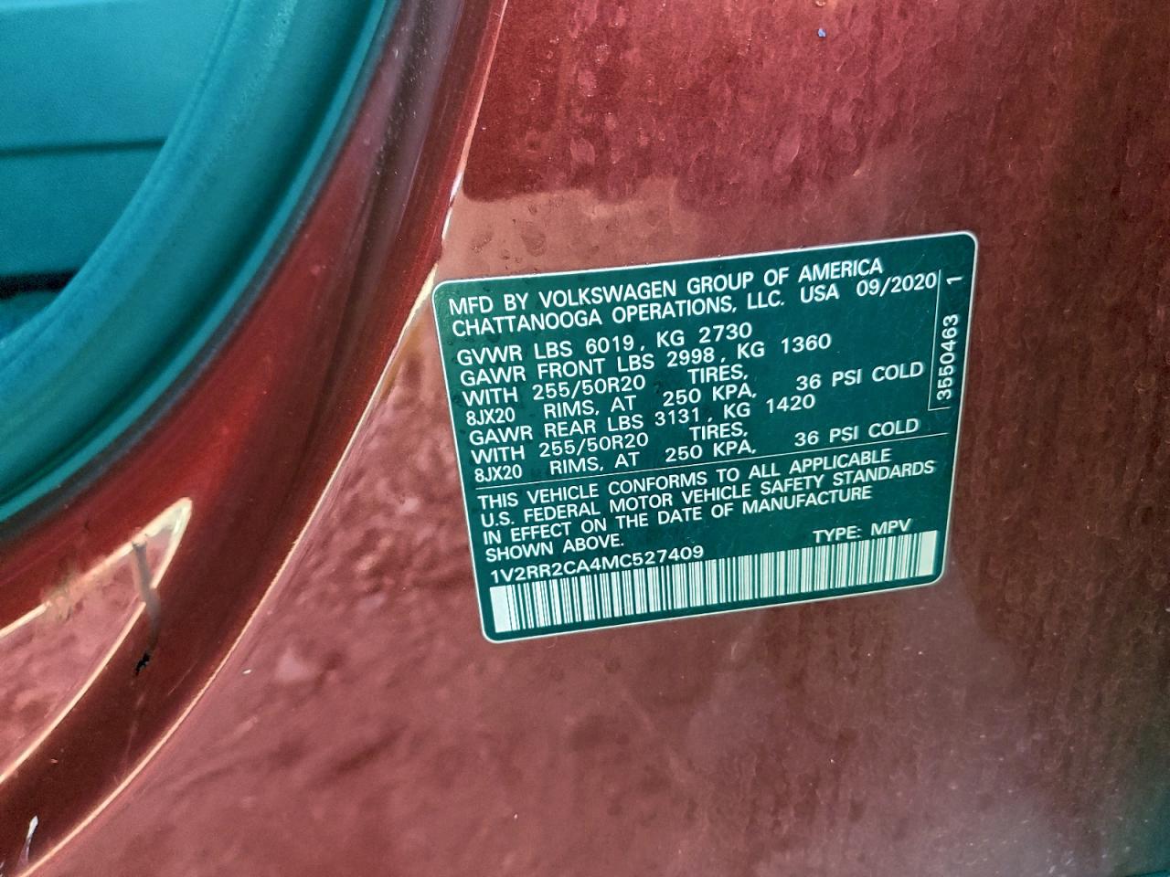 2021 Volkswagen Atlas Se VIN: 1V2RR2CA4MC527409 Lot: 93722085