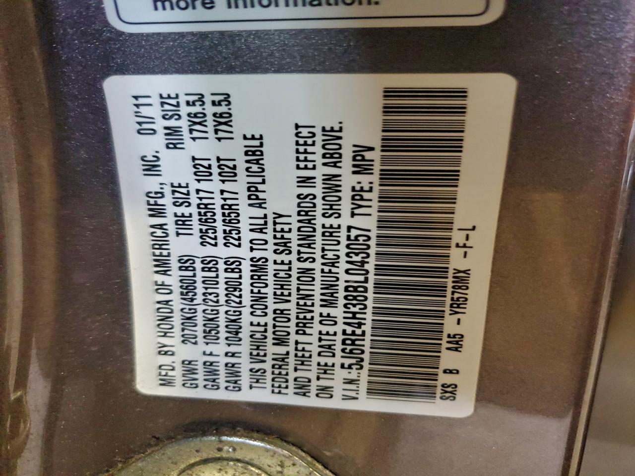 2011 Honda Cr-V Lx VIN: 5J6RE4H38BL043057 Lot: 94053335