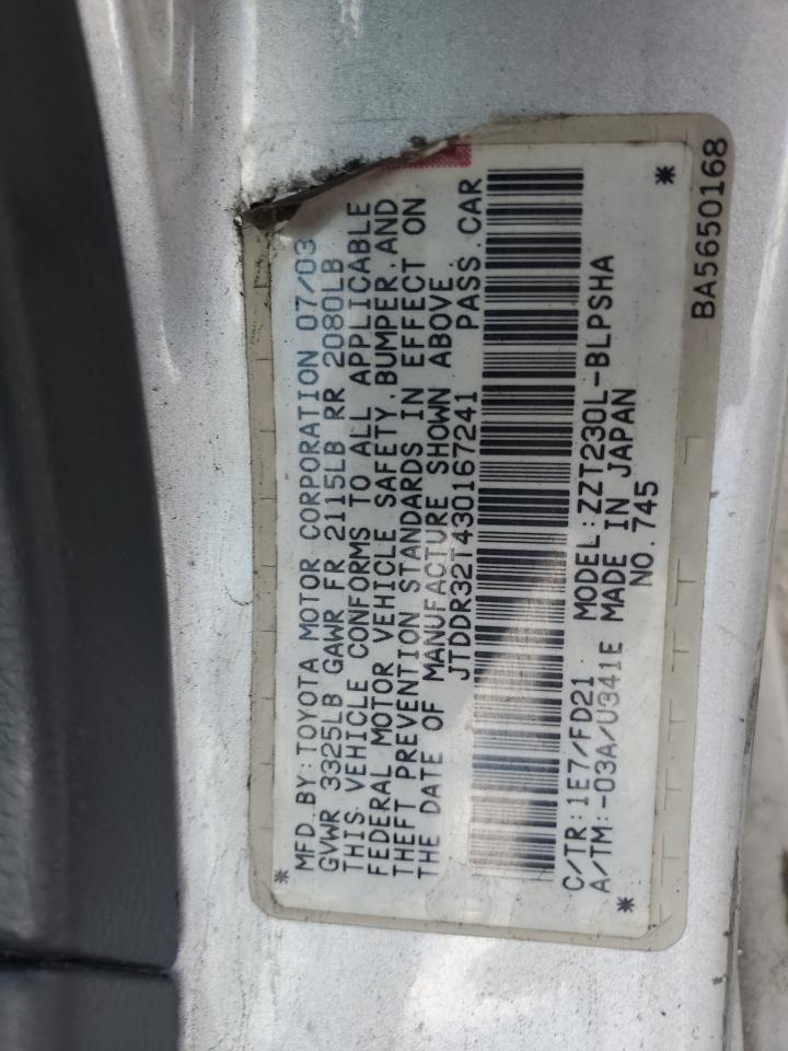 2003 Toyota Celica Gt VIN: JTDDR32T430167241 Lot: 92721305