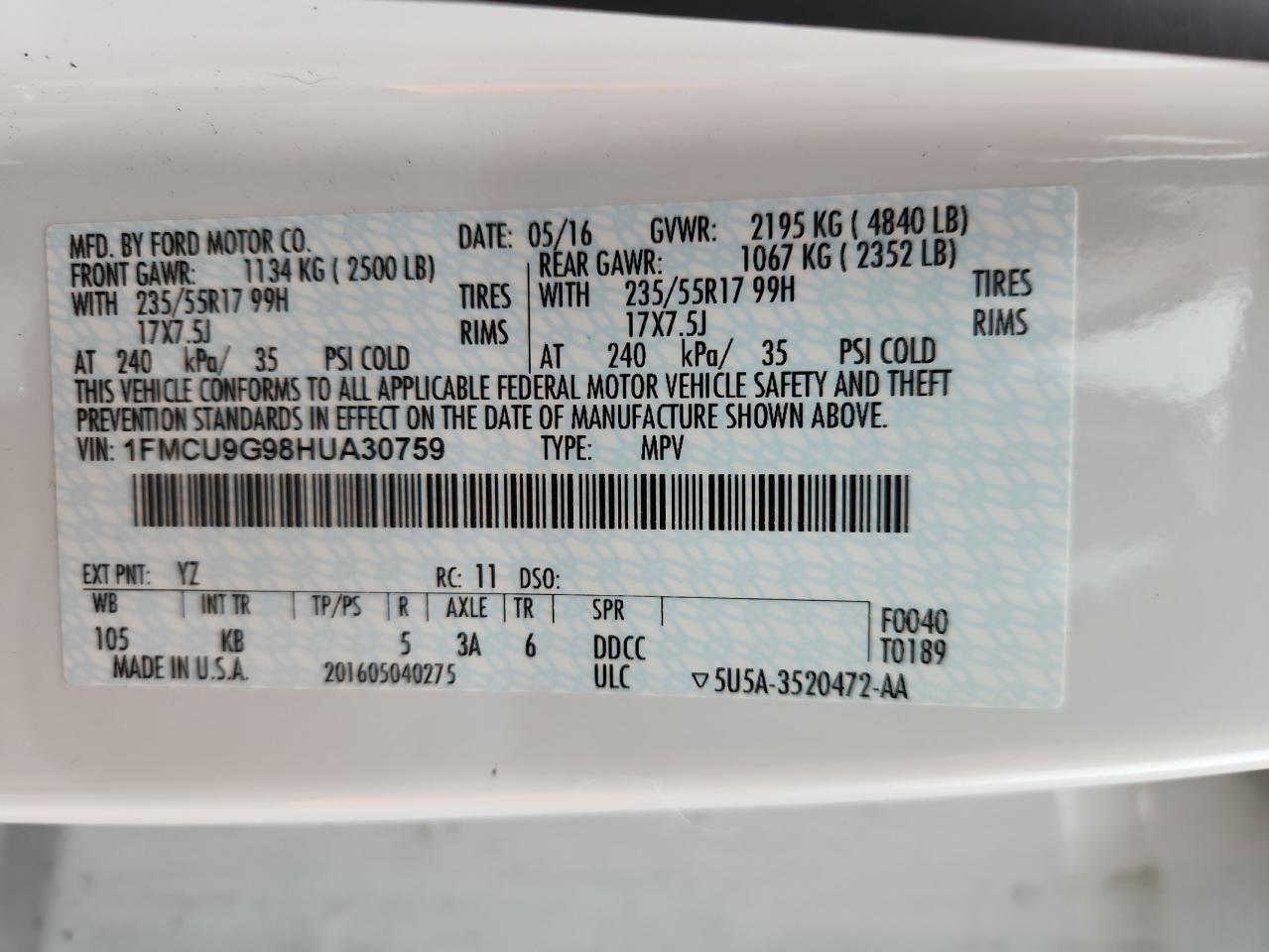 2017 Ford Escape Se VIN: 1FMCU9G98HUA30759 Lot: 90472245