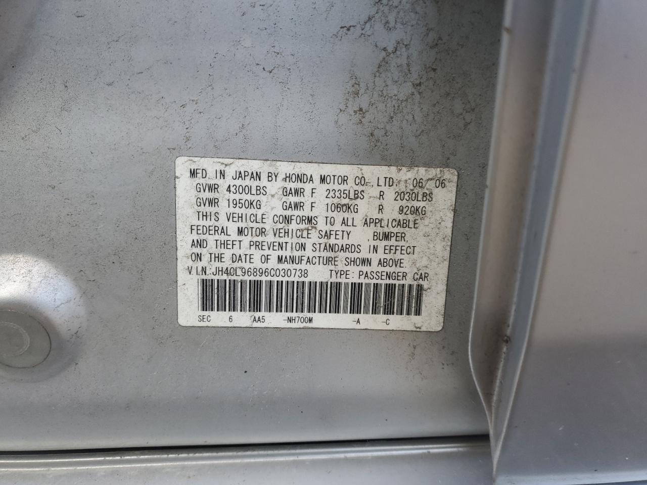 2006 Acura Tsx VIN: JH4CL96896C030738 Lot: 92569455