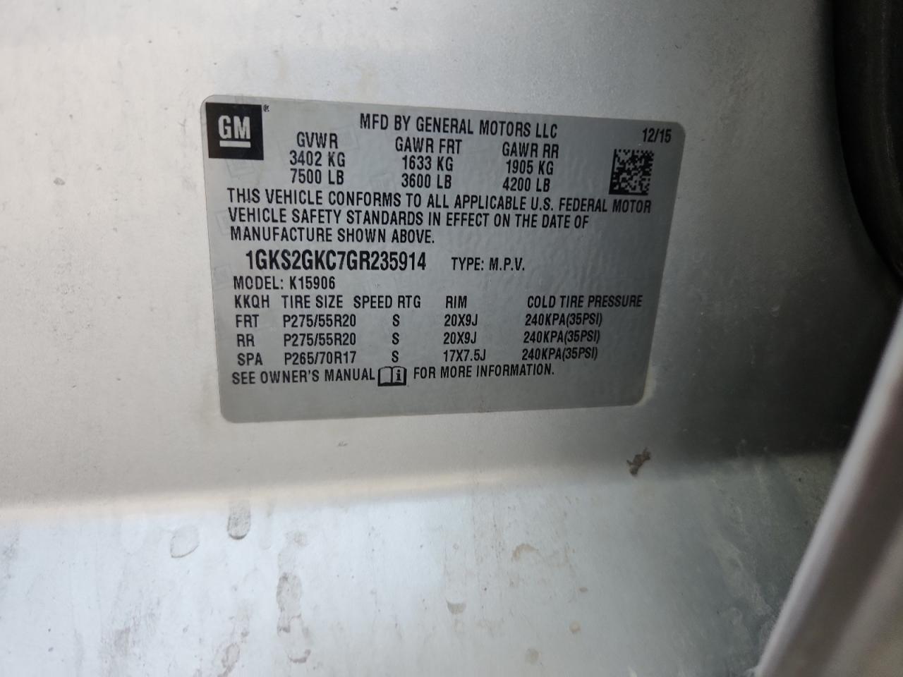 2016 GMC Yukon Xl K1500 Slt VIN: 1GKS2GKC7GR235914 Lot: 93417855