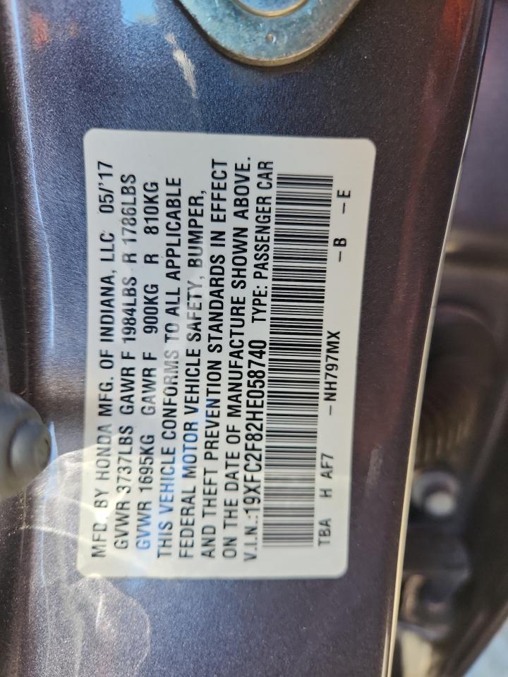 2017 Honda Civic Ex VIN: 19XFC2F82HE058740 Lot: 91136535